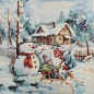 Preview: Schimmerndes Weihnachtsstoff Panel Schneemann mit Kindern für Kissen und Taschen ca 47x47cm