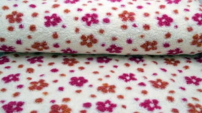 Teddyplüsch natur mit Blumen, rosa Blumen, pink, Baumwoll Teddy Baumwollteddy Teddy aus Baumwolle Teddyplüsch natur Baumwollteddy natur naturfarbener Baumwoll Teddy