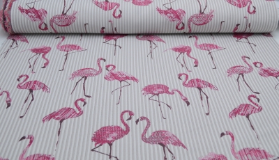 Jacquard Flamingo, Flamingostoff, Flamingos, mehrfarbig, gestreift, beige, bordeaux, Polyester-Jacquard, beige,Dekostoff, eidseitig verwendbar, gestreift