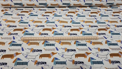 Deckostoff Dackel Stoff mit Dackeln Dackelstoff weißgrundig