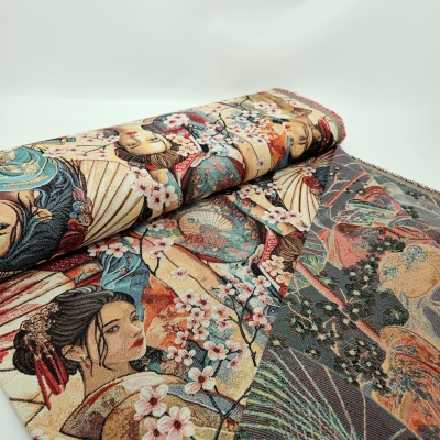 Preview: Bunter Jacquard mit Asiatischen Design Gobelin Asia Stoff Asiatischer Stoff Samurai