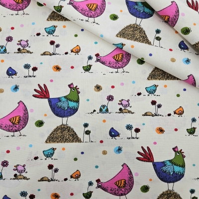 Preview: Dekostoff mit Hühnern Hühnerstoff bunte Hühner auf Baumwollstoff mit Hühner