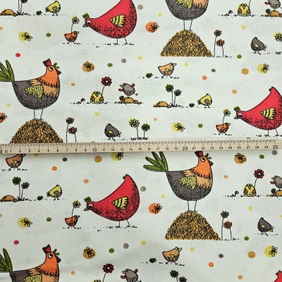 Preview: Dekostoff mit Hühnern Hühnerstoff bunte Hühner auf Baumwollstoff mit Hühner - Kopie