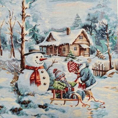 Schimmerndes Weihnachtsstoff Panel Schneemann mit Kindern für Kissen und Taschen ca 47x47cm