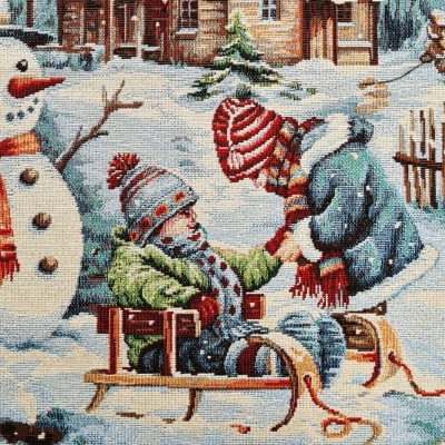 Schimmerndes Weihnachtsstoff Panel Schneemann mit Kindern für Kissen und Taschen ca 47x47cm