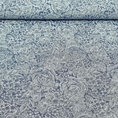 Dekostoff jeansblau mit weißen Rosen bedruckt Rosenstoff