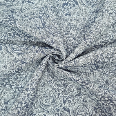 Preview: Dekostoff jeansblau mit weißen Rosen bedruckt Rosenstoff