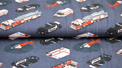 Jersey  mit Polizei, Helikopter, Rettungswagen und Feuerwehr Jersey Kinderjersey Elastik Elasthan Baumwolle Baumwolljersey  DIY Naehen Nähen Design Textilien Onlineshop Online Stoffe Stoff für Babys Kinderstoff mit ambulance police car helicopter fire bri