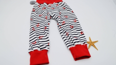 0810 -Babybüx Anchor Red Babyhose mit Ankern Sommerhose mit Ankern  Babyhöschen Babypumphose Baby Büx Jersey Baby Set Stoffset Materialset Stoffset Stoffpakete  Baumwollsets Nähsets Materialset DIY Babyhose Anchor Red rote Anker auf Streifen Streifenjerse