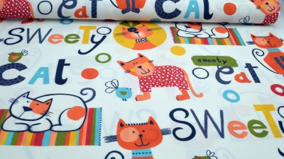 Dekostoff mit Katezn, Katzen-Stoff, Stoff mit Comic Katzen, Sweety Cat, cats Polyester Stoff