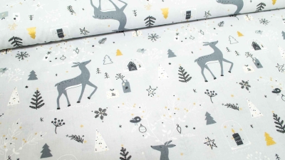 Winterstoff Weihnachtsstoff grau Weihnachten gold Reh Rehe Rehlein Kinderstoff Baumwolle Baumwollstoff Dekostoff mit Reh Gold