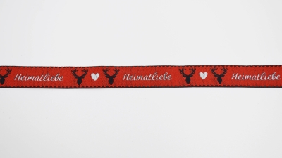 Heimatliebe rot Webband rotgrundig rotes Weband  mit Heimat, Hirsch und Herz Herzwebband Schwarzwald Design Zierband mit Heimatliebe Band mit Herzen Trachtenband - Trachtenborte Schwarzwald rotes  Webband mit Hirsch und Herz Heimat rot