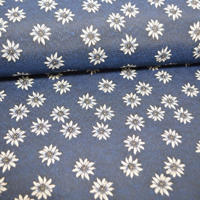 Landhausstil Edelweiß Stoff mit Edelweiss blau Jacquard Jacquardstoff im Landhaus Landhausstoff mit Edelweiß blau