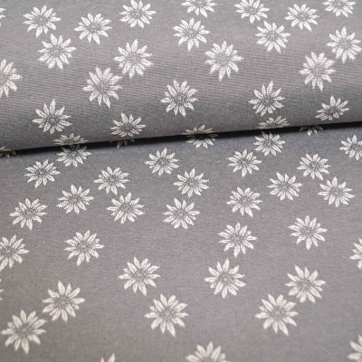 Landhausstil grauer Edelweiß Stoff mit Edelweiss grauer Jacquard Jacquardstoff im Landhaus Landhausstoff mit grauen Edelweiß grau