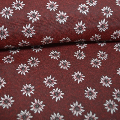 Landhausstil Edelweiß Stoff mit Edelweiss rot roter Jacquard Jacquardstoff im Landhaus Landhausstoff mit Edelweiß rot dunkelrot