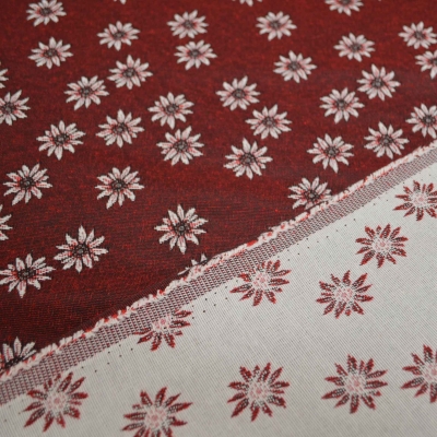 Landhausstil Edelweiß Stoff mit Edelweiss rot roter Jacquard Jacquardstoff im Landhaus Landhausstoff mit Edelweiß rot dunkelrot