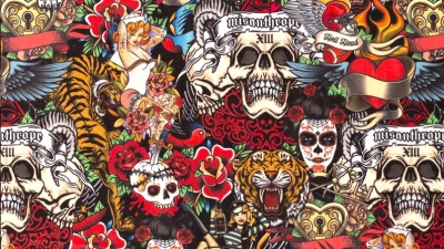 Samt Totenkopf Samtstoff Dekostoff mit Totenköpfen, Tiger und Pin Ups Samtstoff Polstersamt mit Totenkopf Día de Muertos Möbelstoff mit Skulls Pin Ups Rose  Polsterstoff Samtstoff Möbelbezugsstoff