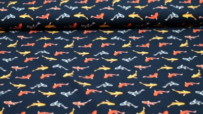 Stoff mit Kois Fischstoff Stoff mit Fischen Koistoff   Baumwolle mit Fischen Fischmuster Koi Züchtung Fischerei Fischzucht Kois Kois züchten Anglerstoff Stoff für Angler Fischliebhaber