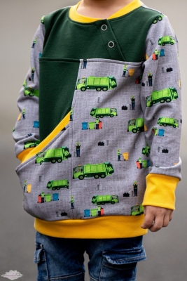 KATINOH Textil Rammelkamp French Terry mit RAMNO-6986.063 Recycling French Terry Müllautos Mülleimer Summer Sweat French Terry Kinder Sweat Recycling bin  DIY Naehen Nähen Design Textilien Onlineshop Online Stoffe