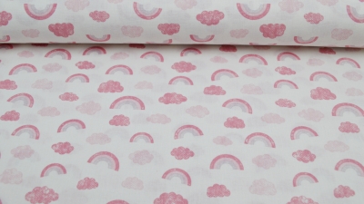 Regenbogen Regenbogenstoff in pastellrosa rosa  Baumwolle mit Regenbogen und Wolken Kinderstoff Babystoff rosa Stoff für Mädchen Kleidchenstoff Bettwäsche