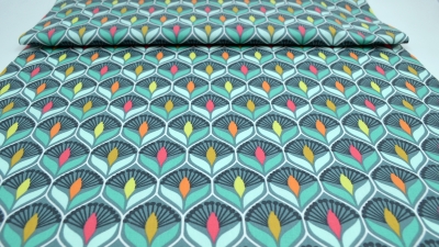 Retro, beschichtete Baumwolle, beschichteter Stoff, Jugendstil Design Pfauenfedern Motiv, Federn -Design, türkis, abwaschbar