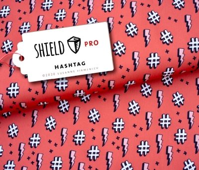 Hashtag Print # Hamburger Liebe Shield  Shield Albstoffe Shield protect me stay save Albstoffe Shield Jersey antimikrobiell Trevira-Bioactive Stoff für Mundschutzmasken Hightech-Faser Trevira-Bioactive Hashtag hashtag # von Hamburger Liebe  rost  Hamburge