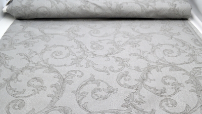 Interieurstoff silberner Jacquard, Polyester-Jacquard, idealer Stoff für Vorhänge - Dekostoff - auch für mittelalterliche Kostüme - Gewandungen - altes Jacquardmuster mit Blumendesign - Rankendesign - Vorhangstoff mit Blumenmuster Stoff mit Blättermuster