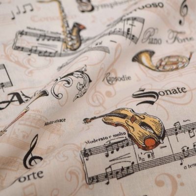 Musikstoff Musikinstrumente Sonate Baumwolle Notenstoff Notenstoff Geige Saxophon Baumwollstoff beige Musik