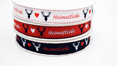 Webband Heimat im Set 3 x 2 m Heimatliebe weiß Webband weißgrundig weißes Webband  mit Heimat, Hirsch und Herz Herzwebband Schwarzwald Design Zierband mit Heimatliebe Band mit Herzen Trachtenband - Trachtenborte Schwarzwald  Webband mit Hirsch und Herz He