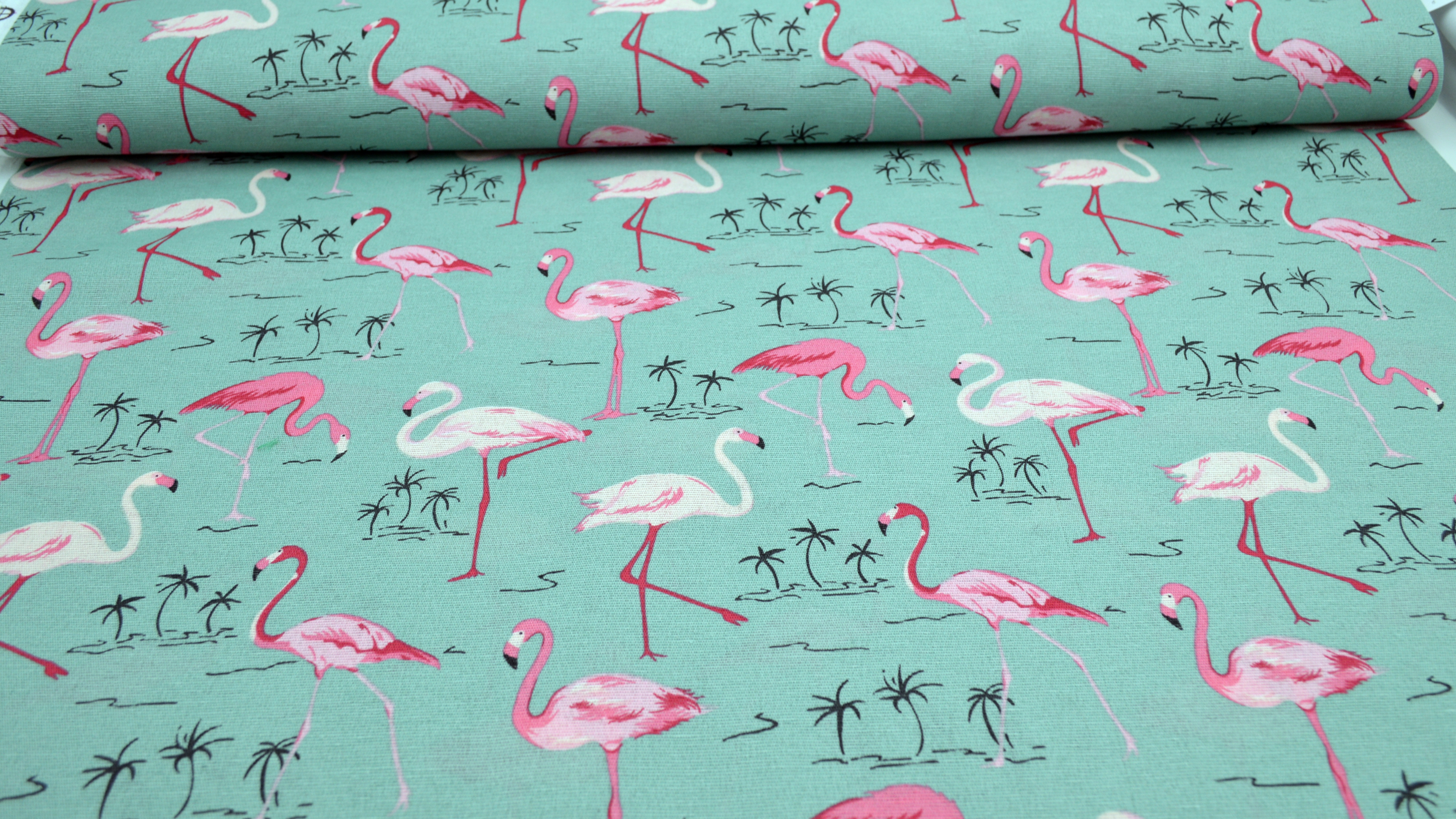 - Dekostoff Flamingos, Flamingo-Stoff, Stoff mit Flamingos, mint, Flamingo