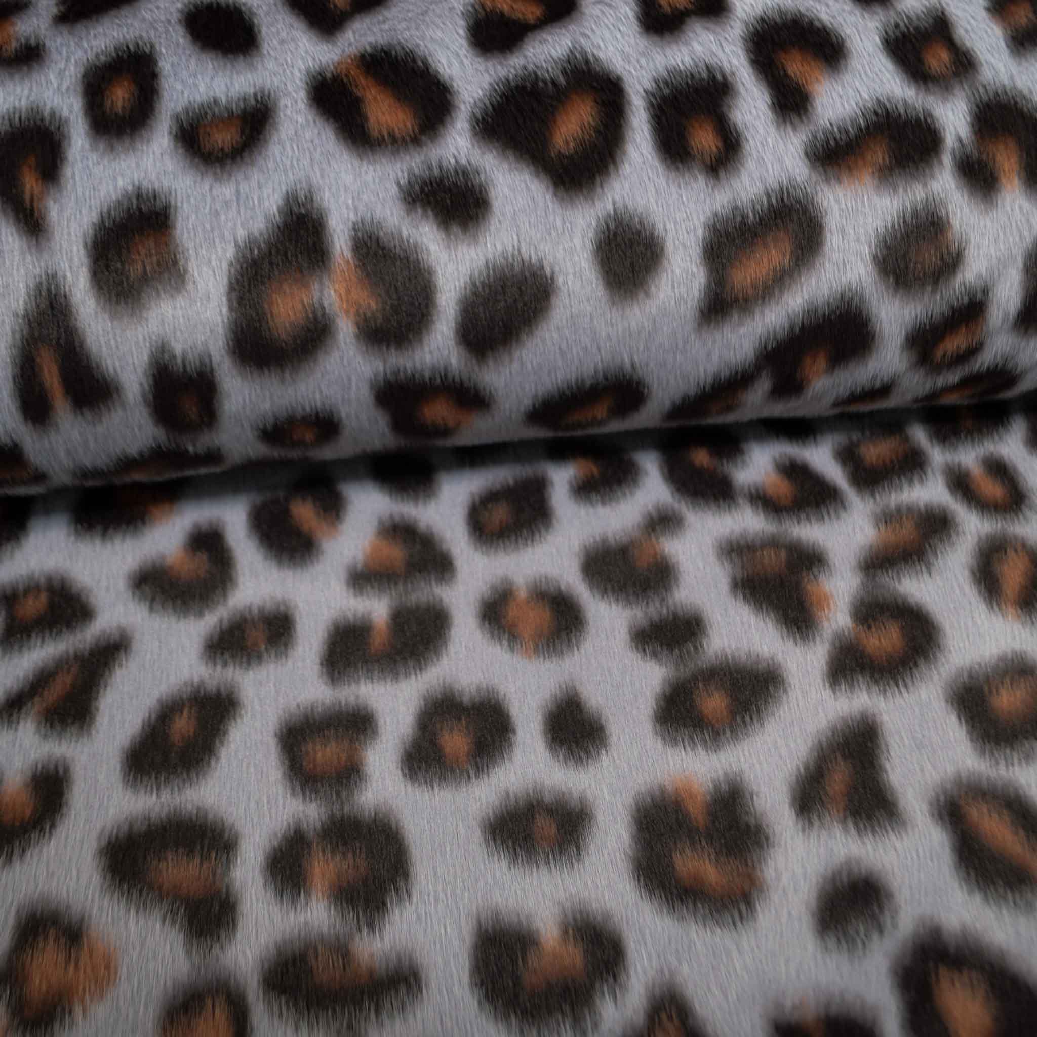 Fellimitat Kunstfell Teddyplüsch Leopard grau schwarz 1,45m Breite