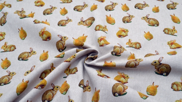 Beiger Dekostoff "Hoppel" mit Hasen Ostern Osterhasenstoff Leinenoptik