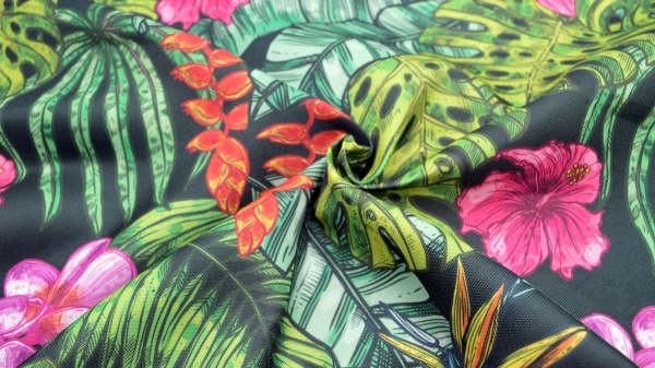 Dekostoff Dschungelbuch, Dschungel, Jungle, mit Farn, Pflanzen, Blättern und Orchidee, Tropen, Strelizie, Papageienblume, Hibiskus, Orchidee,  Dschungelstoff, Sommerstoff für Tischdecken und Kissen, Stoff für Terrasse, Balkon, Gartenmöbel, Stroff mit Fens
