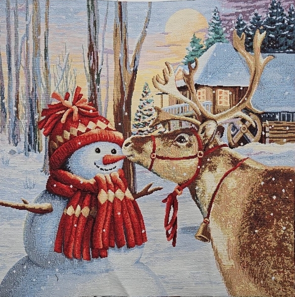 Weihnachtsstoff Gobelin Weihnachten Panel 47x47cm Stoff mit Schneemann und Rentier