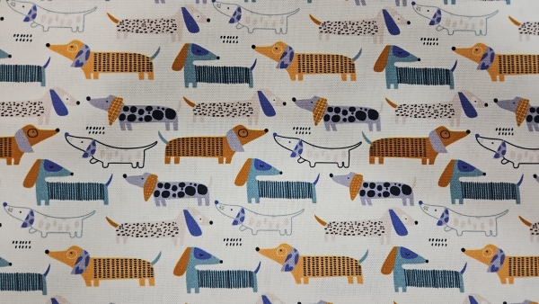 Deckostoff Dackel Stoff mit Dackeln Dackelstoff weißgrundig