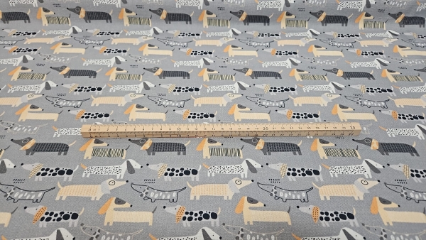 Deckostoff Dackel Stoff mit Dackeln Dackelstoff hellgrau