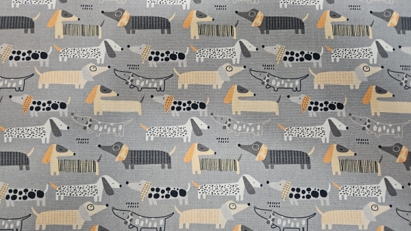 Deckostoff Dackel Stoff mit Dackeln Dackelstoff hellgrau