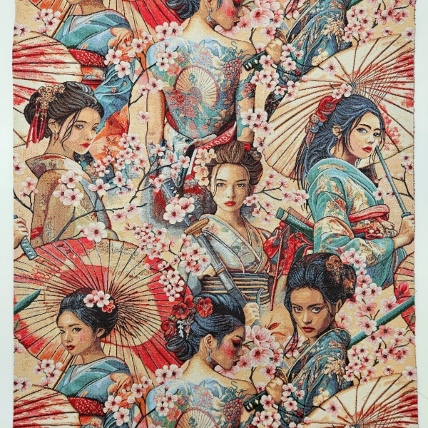 Bunter Jacquard mit Asiatischen Design Gobelin Asia Stoff Asiatischer Stoff Samurai