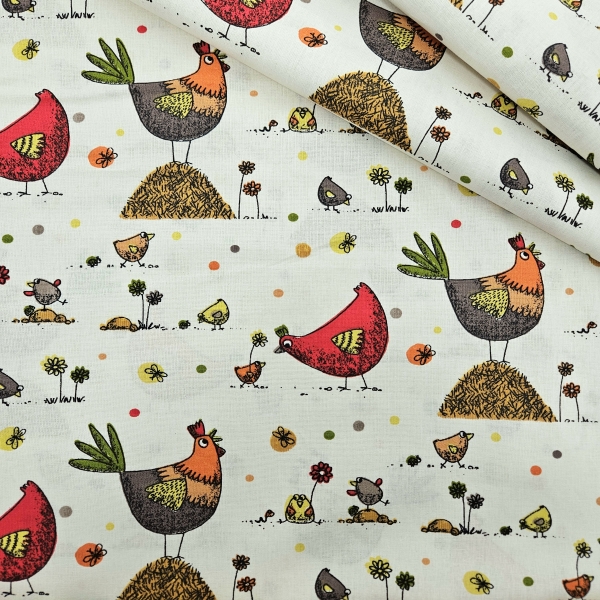 Dekostoff mit Hühnern Hühnerstoff bunte Hühner auf Baumwollstoff mit Hühner - Kopie