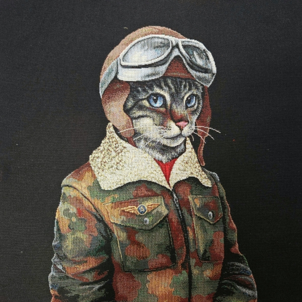 Gobelin Panel Piloten Katze 47x47 cm für Kissen Katzenstoff Gobelin mit Katzen
