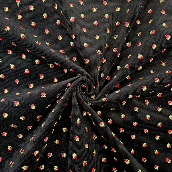 Schwarzer Feincord bestickt bestickter Cordstoff Trachtenstoff Cord bestickt