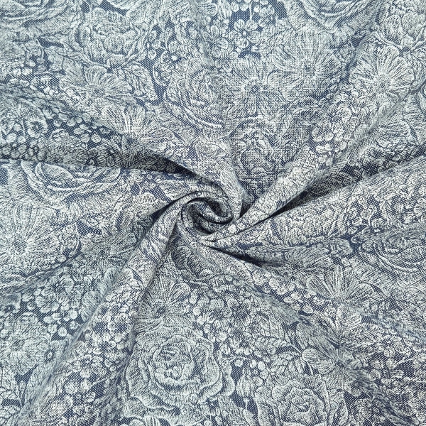Dekostoff jeansblau mit weißen Rosen bedruckt Rosenstoff