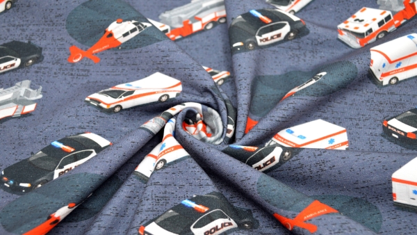 Jersey  mit Polizei, Helikopter, Rettungswagen und Feuerwehr Jersey Kinderjersey Elastik Elasthan Baumwolle Baumwolljersey  DIY Naehen Nähen Design Textilien Onlineshop Online Stoffe Stoff für Babys Kinderstoff mit ambulance police car helicopter fire bri