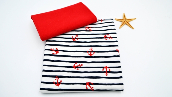 0810 -Babybüx Anchor Red Babyhose mit Ankern Sommerhose mit Ankern  Babyhöschen Babypumphose Baby Büx Jersey Baby Set Stoffset Materialset Stoffset Stoffpakete  Baumwollsets Nähsets Materialset DIY Babyhose Anchor Red rote Anker auf Streifen Streifenjerse
