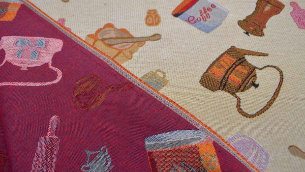 1004-Gobi Küche Kochen Gobelin Kaffemühle Teekanne  Kaffee Coffee Küche Küchengobelin Gobelin Gobelinstoff mit Kochutensilien Kochen  Gobelintasche Gobelinkissen Gobelin