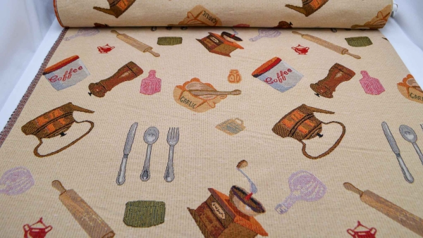 1004-Gobi Küche Kochen Gobelin Kaffemühle Teekanne  Kaffee Coffee Küche Küchengobelin Gobelin Gobelinstoff mit Kochutensilien Kochen  Gobelintasche Gobelinkissen Gobelin