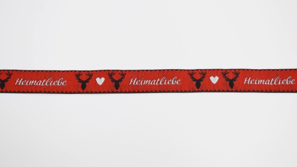 Heimatliebe rot Webband rotgrundig rotes Weband  mit Heimat, Hirsch und Herz Herzwebband Schwarzwald Design Zierband mit Heimatliebe Band mit Herzen Trachtenband - Trachtenborte Schwarzwald rotes  Webband mit Hirsch und Herz Heimat rot