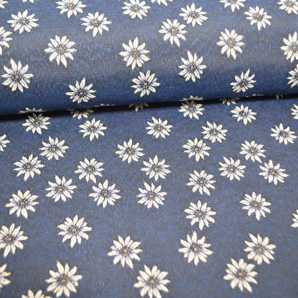 Landhausstil Edelweiß Stoff mit Edelweiss blau Jacquard Jacquardstoff im Landhaus Landhausstoff mit Edelweiß blau