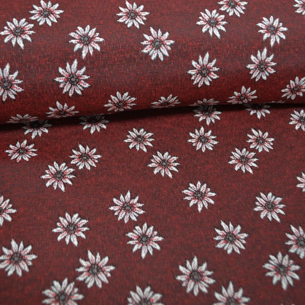 Landhausstil Edelweiß Stoff mit Edelweiss rot roter Jacquard Jacquardstoff im Landhaus Landhausstoff mit Edelweiß rot dunkelrot