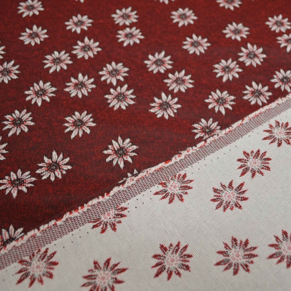Landhausstil Edelweiß Stoff mit Edelweiss rot roter Jacquard Jacquardstoff im Landhaus Landhausstoff mit Edelweiß rot dunkelrot